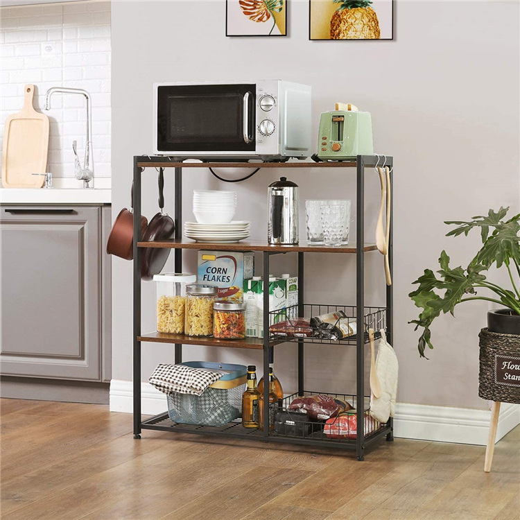  Multi-purpose living room kitchen shelf dish rack storage holders with 2 mesh baskets and 6 hooks